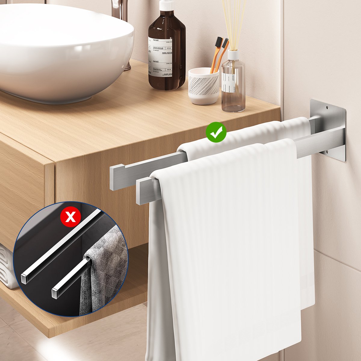 Auralum Handdoekrek Zonder Boren 42 CM - Zelfklevende Dubbele Handdoekhouder - Badkamer & Keuken - Handdoekstang - Handdoekhouders