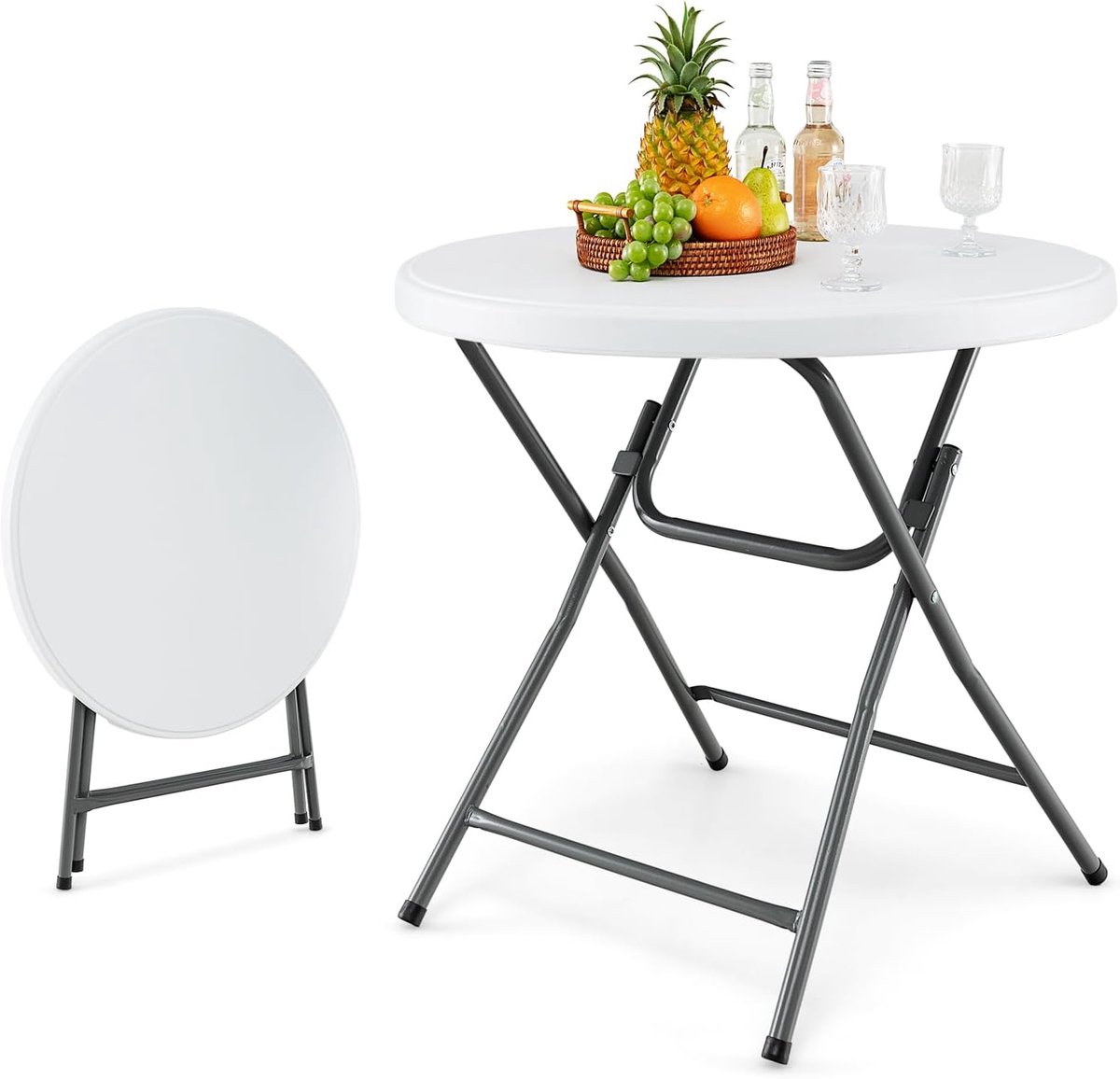 KOMFOTTEU Campingtafel, opvouwbaar, HDPE, ronde picknicktafel met metalen frame, draagvermogen 75 kg, voor tuin, barbecue, party, wit, diameter 81 cm