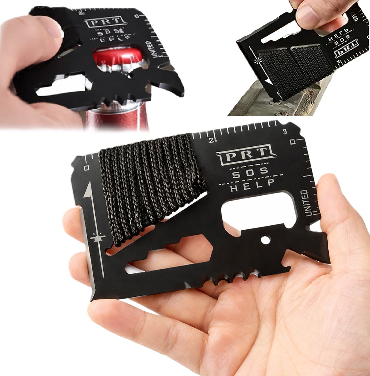 14 in 1 Survival Creditcard Multitool I Pocket Jachtmes I Camping Tool I Met Paracord Touw I SOS I RVS I Zwart