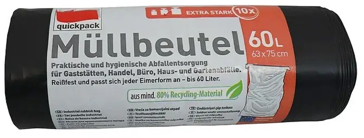 Quickpack Afvalzakken 60 Liter – Extra Sterk – 10 Stuks – Grijs