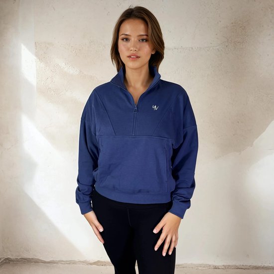 Brooklyn Sweater – Short & Loose Fit – Sweat-shirt sportif avec fermeture éclair - Coton doux - Qualité Premium - Col montant - Blauw - Taille M
