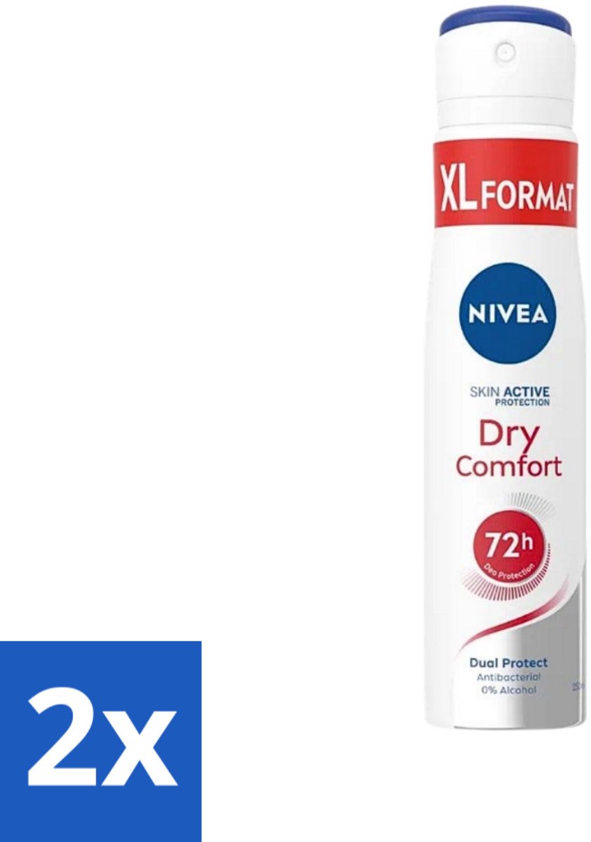 2 x Nivea - Deospray - Dry Comfort - Actieve Bescherming Van De Huid - 250 ml - NIVEA Deodorant Spray - Anti-transpirant - 48 Uur Bescherming - Dry Comfort - Zweetbestendig