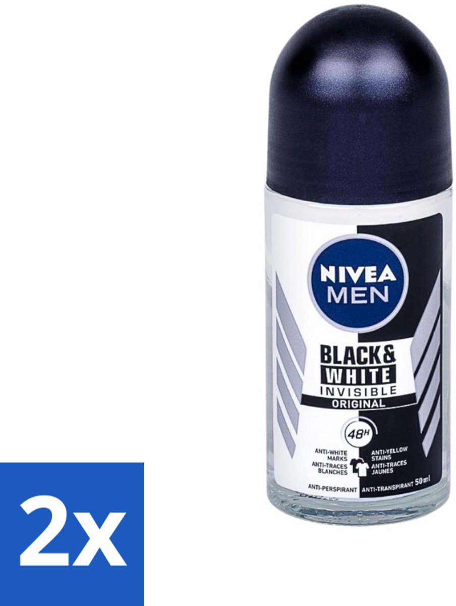 2 x Nivea - Men - Deodorant - Invisible for Black & White Power - Rollerdeodorant - 50 ml - Anti-transpirant - Deodorant Roller - Witte Strepen - Gele Vlekken - Kledingbescherming