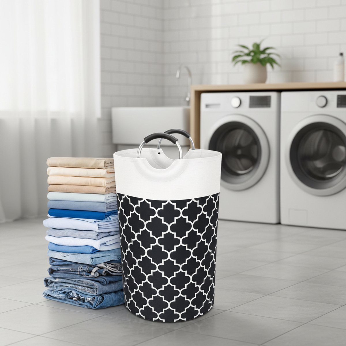 CHIWIN 62L Opvouwbare Wasmand – Polycotton & Waterdicht – Met Aluminium Handgrepen – 35×65 cm – Zwart