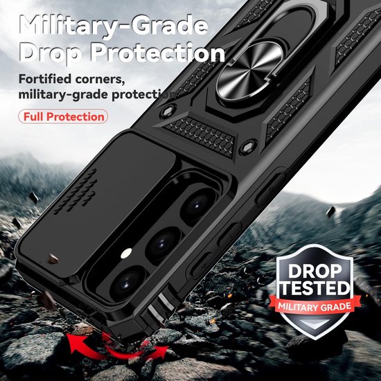 Coque de téléphone noire de qualité militaire avec support annulaire, testée contre les chutes sur terrain rocheux.