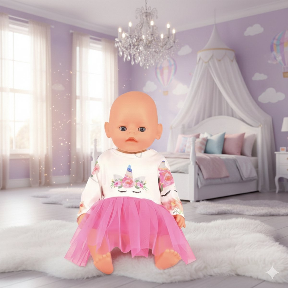 Unicorn Poppenjurkje – “Geschikt voor Baby Born” - Fuchsia Tule Rok - Accessoire en kleertjes voor je 36 + 43 cm BabyBorn Pop
