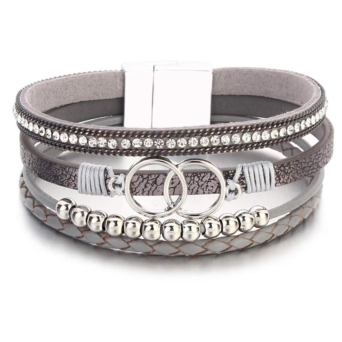 WiseGoods Premium Dames Armband Met 4 Snoeren - Armbandje Leer - RVS Sluiting - Sieraden Vrouw - Armbanden - Armbandjes - Grijs