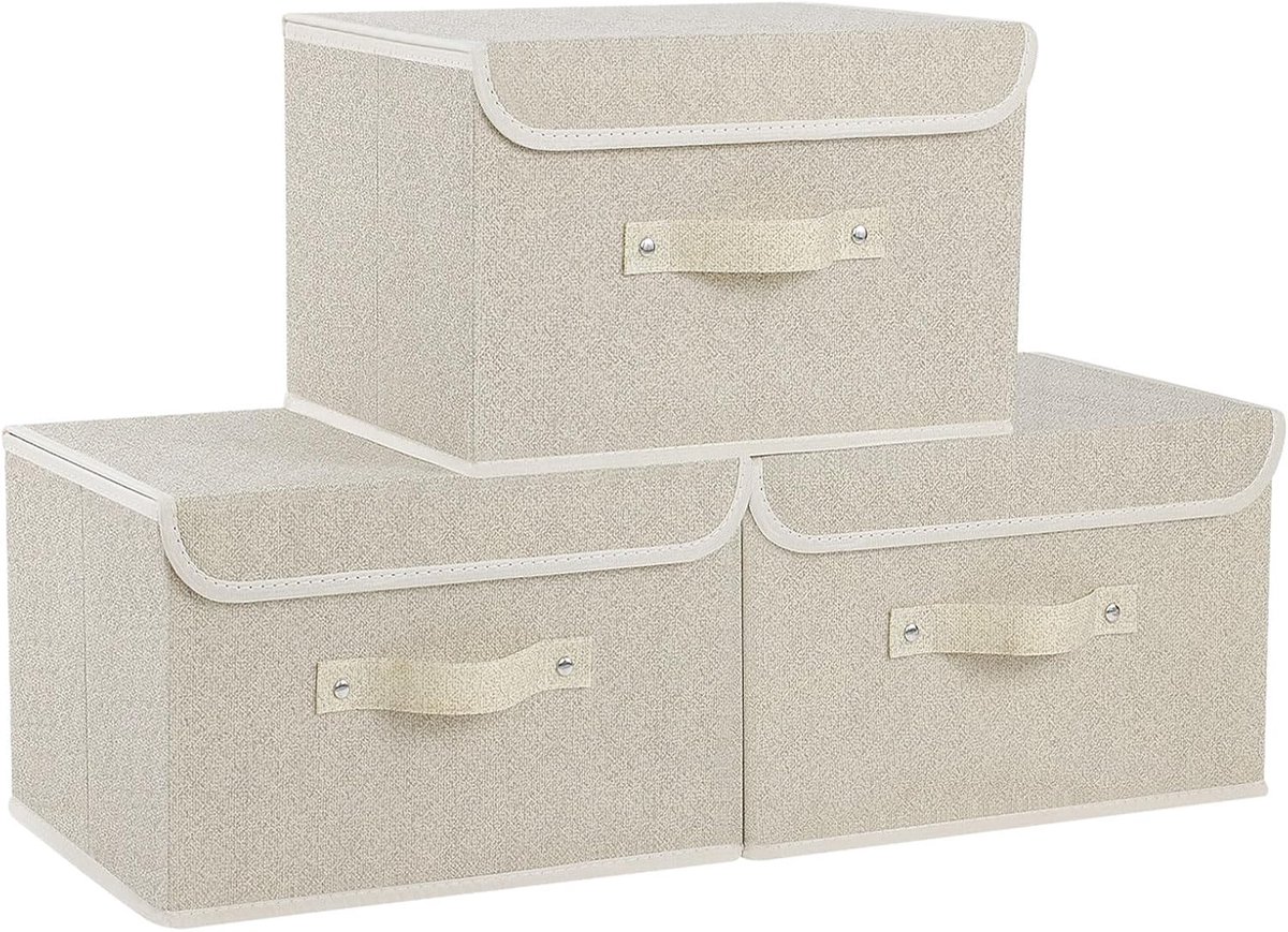 Famanu – Opbergdozen - kubusvormige stoffen manden met klaplidk en handgrepen - bakken voor het organiseren van huis - kantoor en kast - grijs en beige - 3-pack - 33x23x20cm