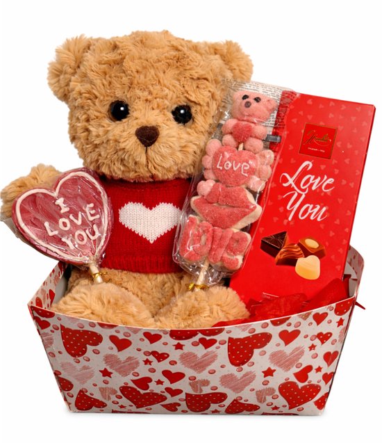 Valentijn Cadeaudoos met Teddybeer en Chocolade – Nina’s Giftshop® – Liefdescadeau voor Hem en Haar