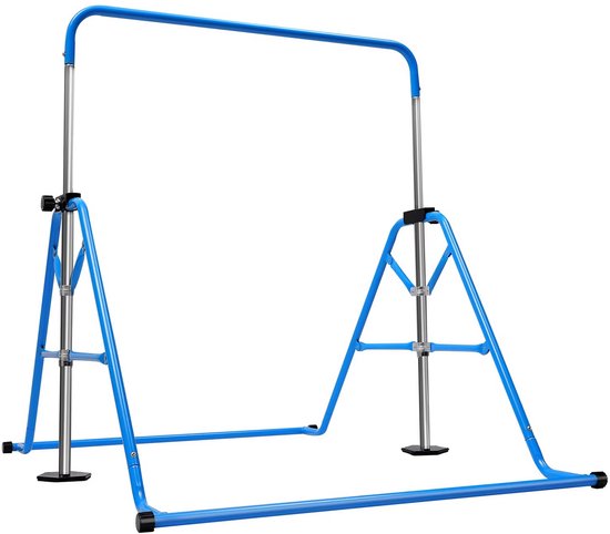 Blauwe, opvouwbare gymnastiekbar, op een witte achtergrond.