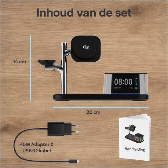 Inhoud van de set: magnetisch oplaadstation (20cm), 45W adapter & USB-C kabel, en handleiding.
