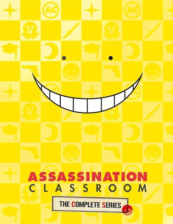 Gele poster met een grote lachende mond en het logo 'Assassination Classroom: The Complete Series'.