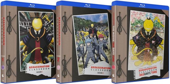 Drie Blu-ray-boxen van Assassination Classroom: Seizoen 1, Seizoen 2 en The Movie 365 Days Time.