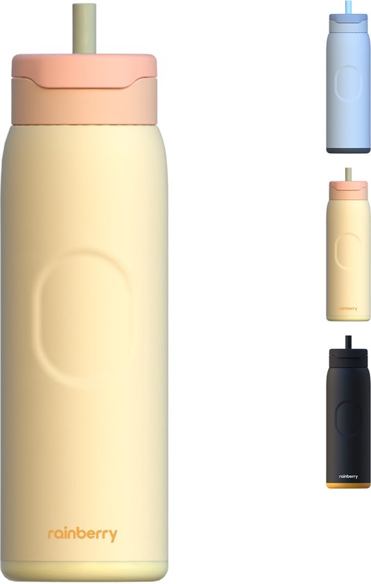 Rainberry® - 1,2 Liter XXL Drinkfles - RVS Geïsoleerde Waterfles met Rietje - 1200ml EXTRA GROOT FORMAAT - met Auto Bekerhouder - 100% lekvrij - Vaatwasserbestendig - Peach/Pastel