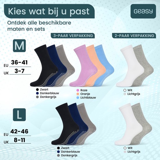 Overzicht van GEASY antislip sokken in verschillende kleuren en maten. Wit, lichtgrijs, zwart, donkerblauw, roze, oranje, lichtblauw.
