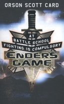 Boek 'Ender's Game' met op de voorkant een metalen zwaard en de tekst 'AT BATTLE SCHOOL FIGHTING IS COMPULSORY ENDER'S GAME'.