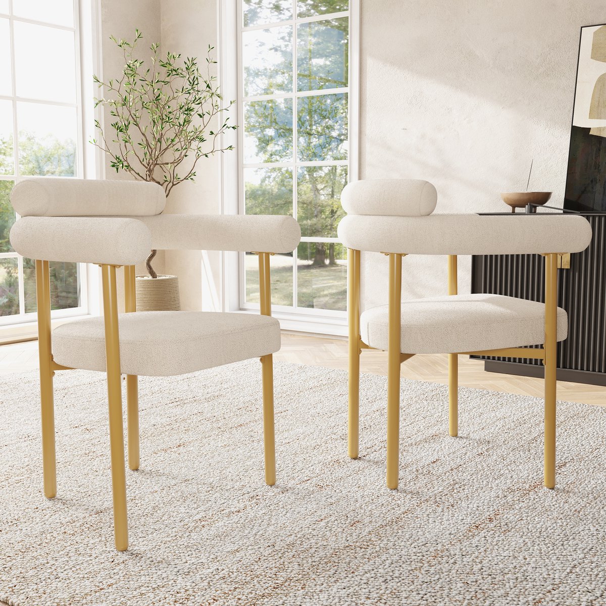 MODFU Eetkamerstoel set van 2, gestoffeerd in beige, metalen poten in goudkleur