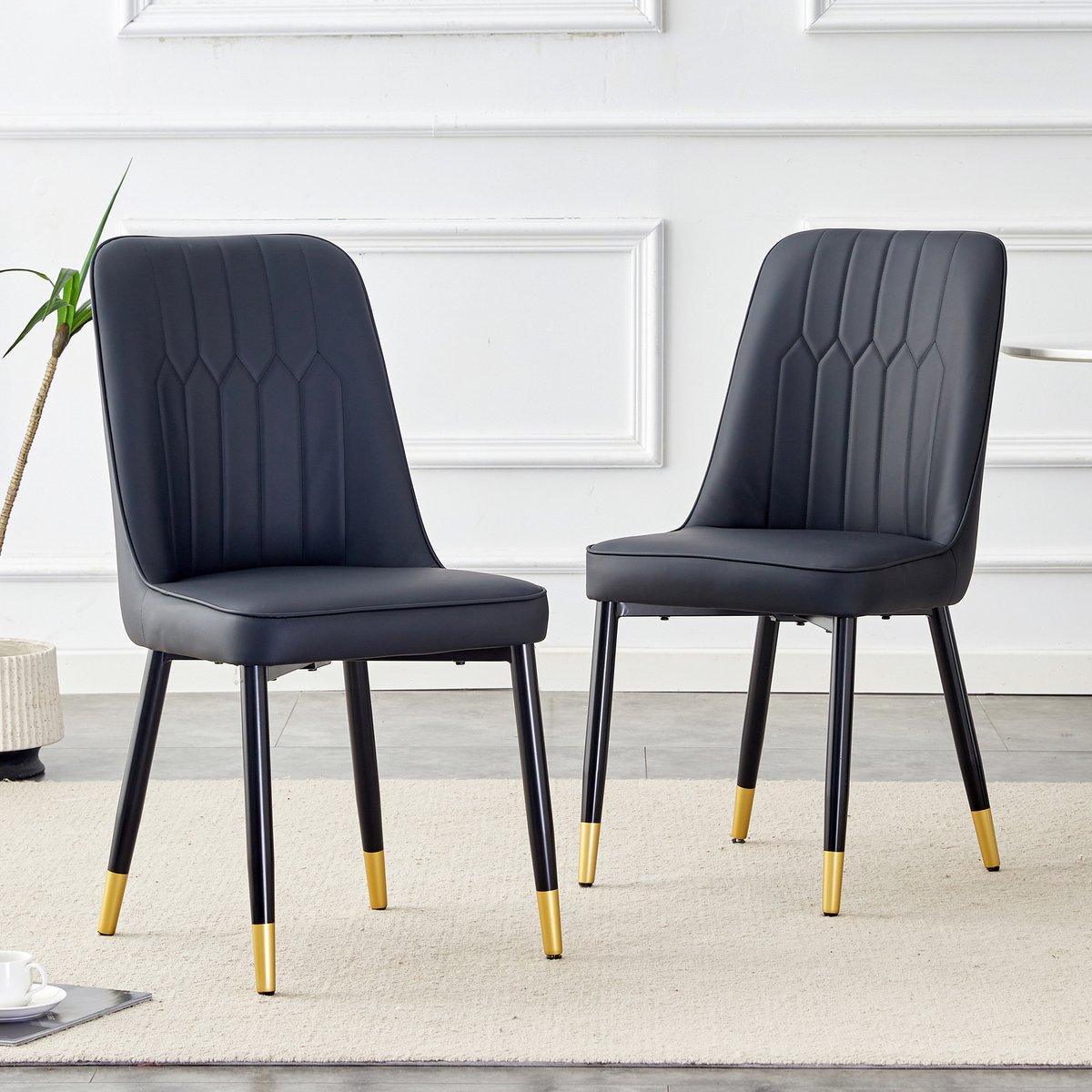 MODFU Eetkamerstoel set van 2, PU kunstleer, metalen poten, zwart, ergonomische rugleuning