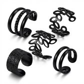 Set van 5 zwarte ear cuffs voor dames – Oorclips zonder gaatje – Mat en glanzend met bladmotief en reliëfdesigns oorbellen – Sieraad voor oorschelp