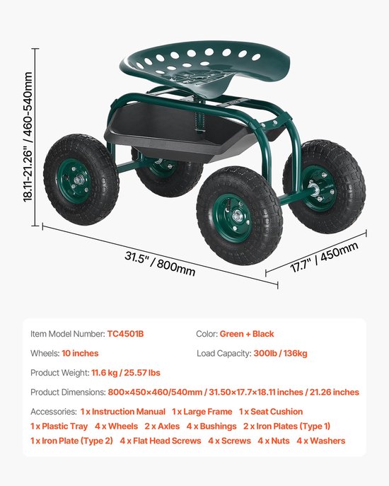 VEVOR Tuinrolstoel Mobiele Tuinstoel All-Terrain Wielen 800x487x460/540mm van VEVOR — afbeelding 2