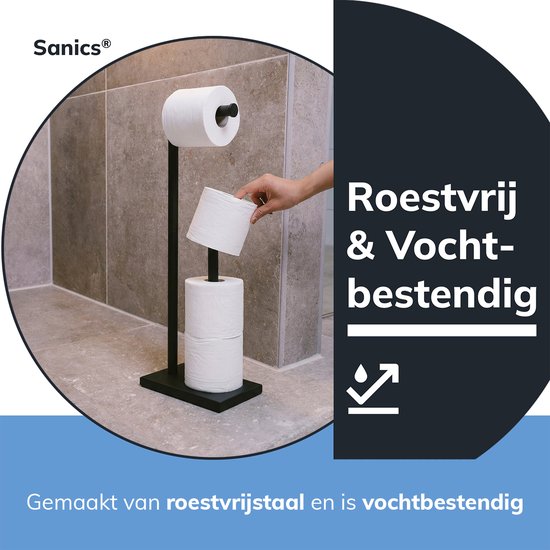 Zwarte vrijstaande toiletrolhouder met één rol erop en drie rollen gestapeld. Roestvrij & vochtbestendig.