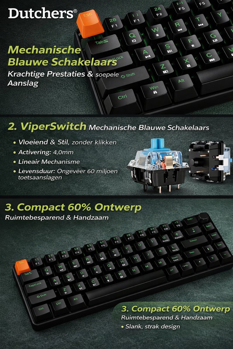 Dutchers.® Gaming Keyboard 60% - Mechanisch Toetsenbord - Draadloos & Bedraad - 60 Procent - 2,4 GHz/Type-C/BT5.0 - Usb/Bluetooth - QWERTY - Compact – Bluetooth / 2.4G / USB-C – 2000mAh Accu – Zwart thumbnail 3
