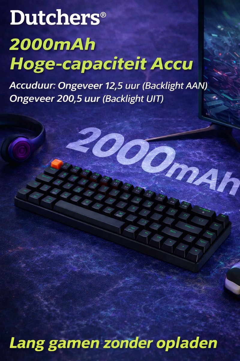 Dutchers.® Gaming Keyboard 60% - Mechanisch Toetsenbord - Draadloos & Bedraad - 60 Procent - 2,4 GHz/Type-C/BT5.0 - Usb/Bluetooth - QWERTY - Compact – Bluetooth / 2.4G / USB-C – 2000mAh Accu – Zwart thumbnail 2