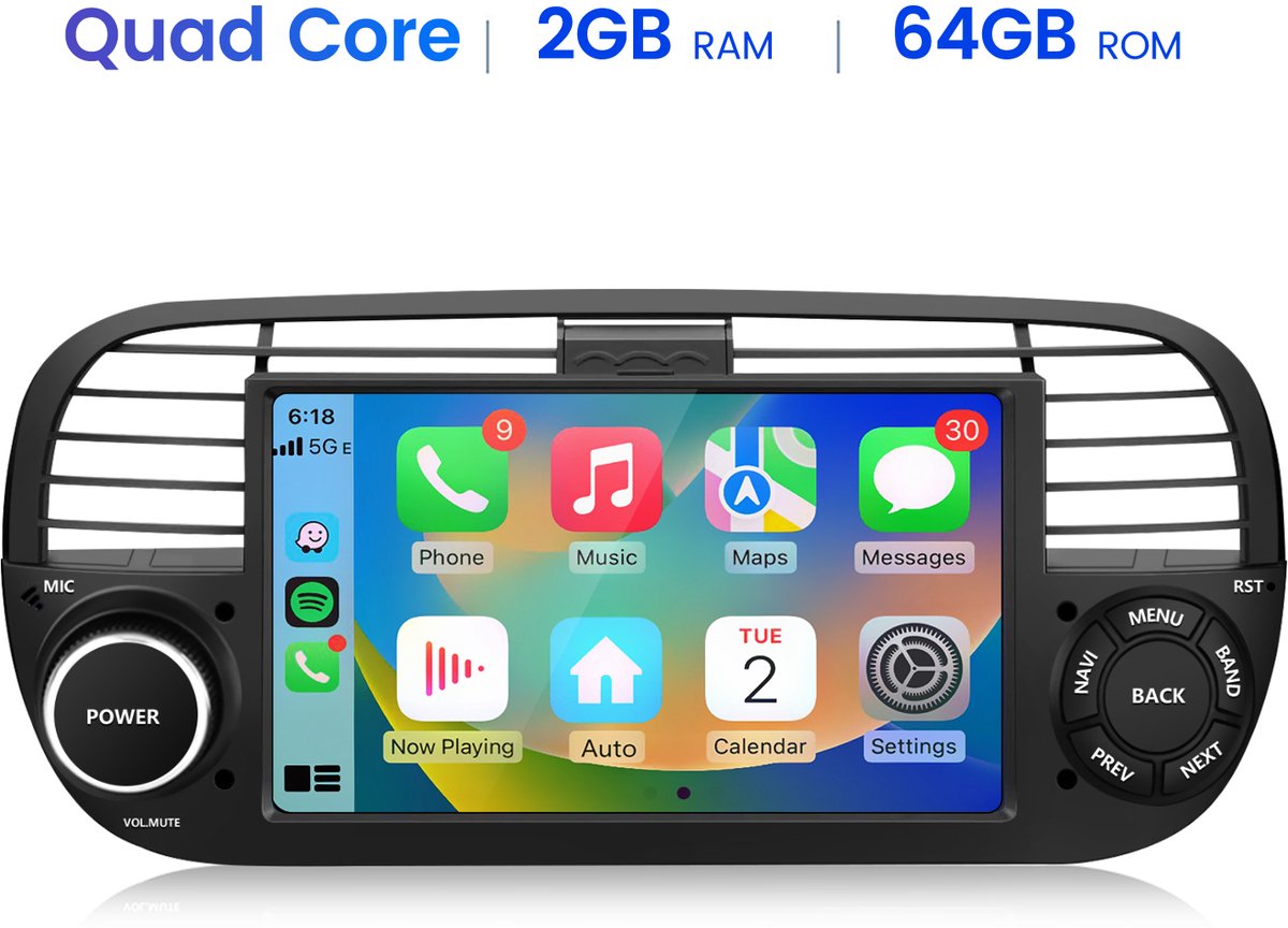 Junsun Android 15 Autoradio Geschikt Voor Fiat 500 2007-2015 Accessoires, 2GB+64GB, Draadloze CarPlay & Andriod Auto, DAB+ GPS-Navigatie, WIFI, Bluetooth, Stuurwielbediening, FM, RDS, 7-inch Touchscreen, DSP, Quad-core processor