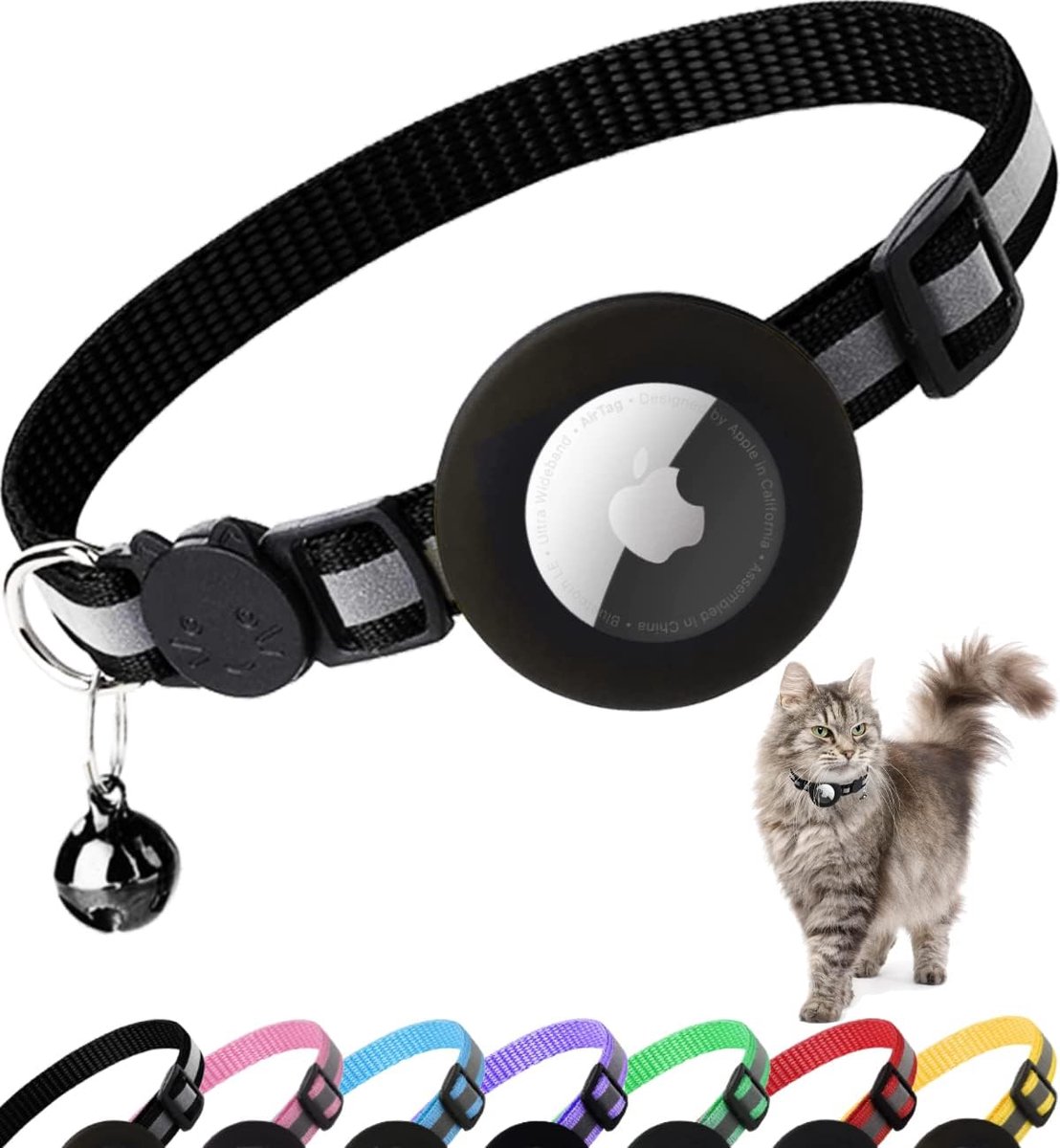Kattenhalsband Airtag, Reflecterende Halsband voor Katten met Veiligheidssluiting, Air Tag-Beschermhoes en Belletje, Geschikt voor Katten Van Alle Groottes, 1 CM Breed en Lichtgewicht(Zwart)