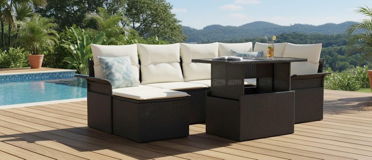 Luxe 4-Zits Loungebank Tuinset met Kussens – Hoekbank en Middenbank van Polyrotan – Weerbestendig en Comfortabel – Grijs | House&Garden