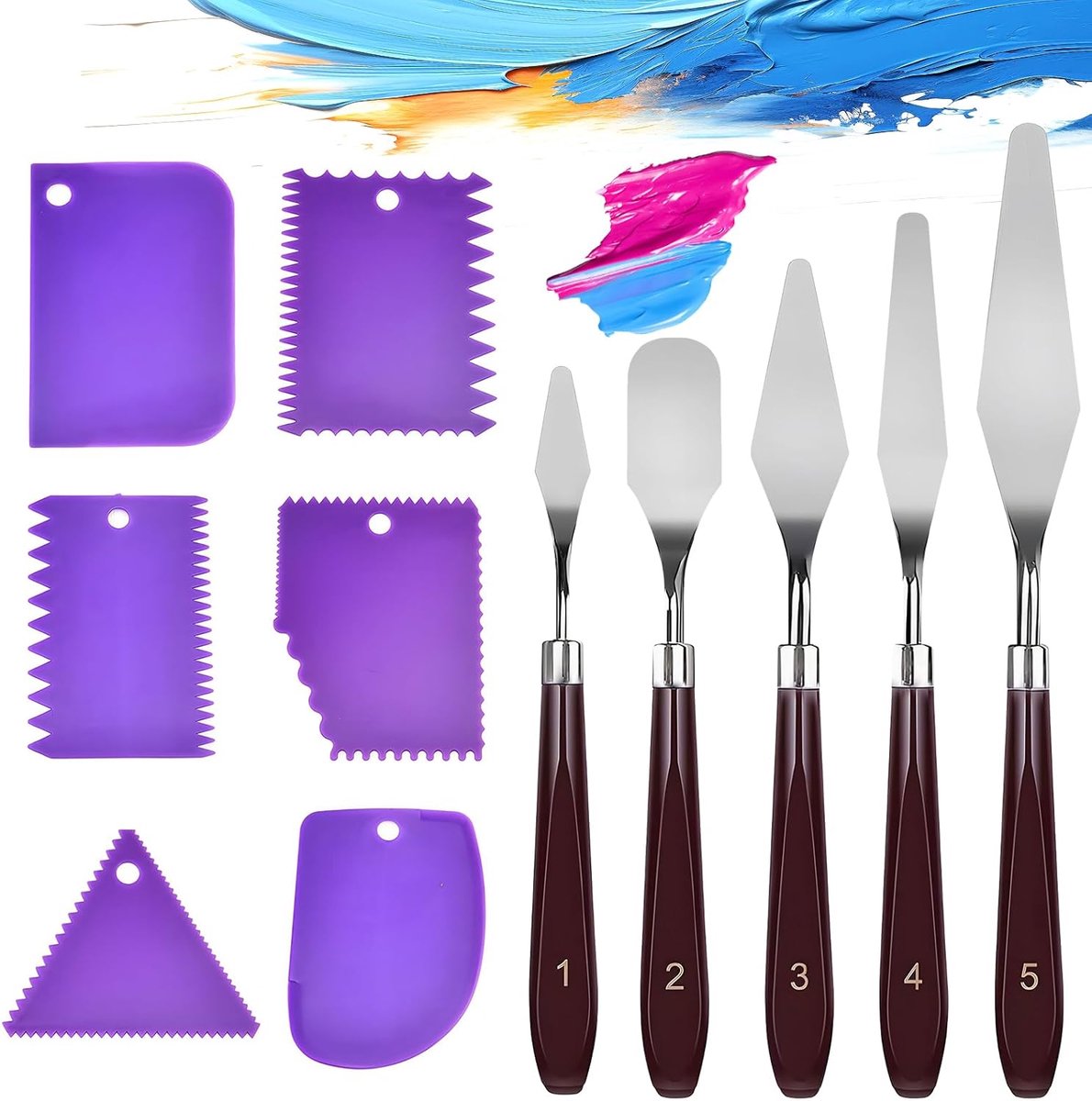 11-delige - Schilderpaletmes Set - Paletmes - Schilderschrapers - 5 paletmessen + 6 schrapers - multifunctioneel kunstgereedschap - schildergereedschap - voor olieverf, canvas, acrylverf en taartdecoratie - paars