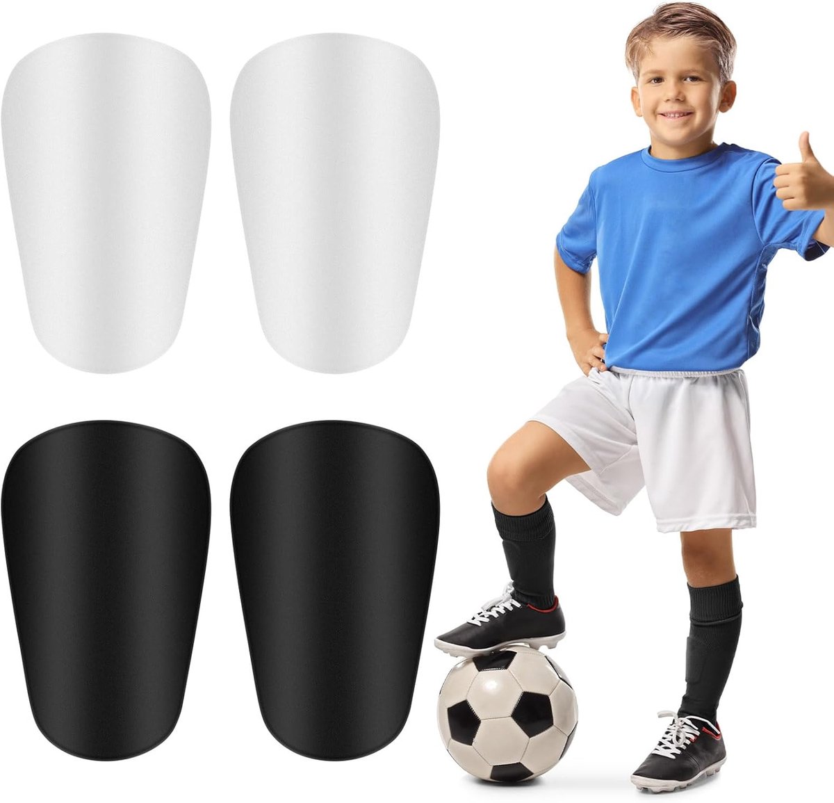 2 paar voetbalscheenbeschermers voor kinderen en tieners met elastische, hoge mouwen, dubbellaagse bescherming en ergonomisch ontwerp, geschikt voor kinderen, jongeren en volwassenen,Zwart-wit