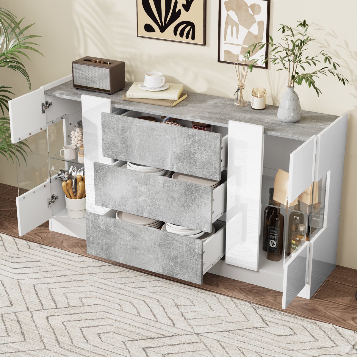 STILVORA Dressoir - Met LED Verlichting En Veel Opbergruimte - 2 Deuren 3 Lades Voor Woonkamer En Eetkamer - MDF Glas - 140x35x75 Cm Wit