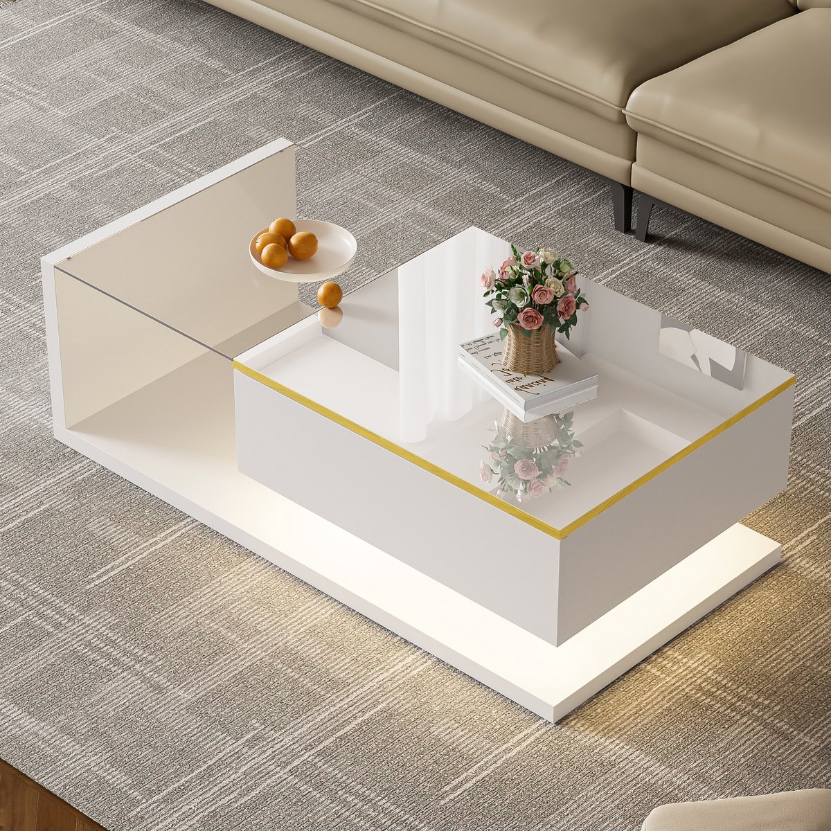 REDOM Salontafel 100x50x32,5 cm van spaanplaat met glazen blad, met open vak en LED Wit