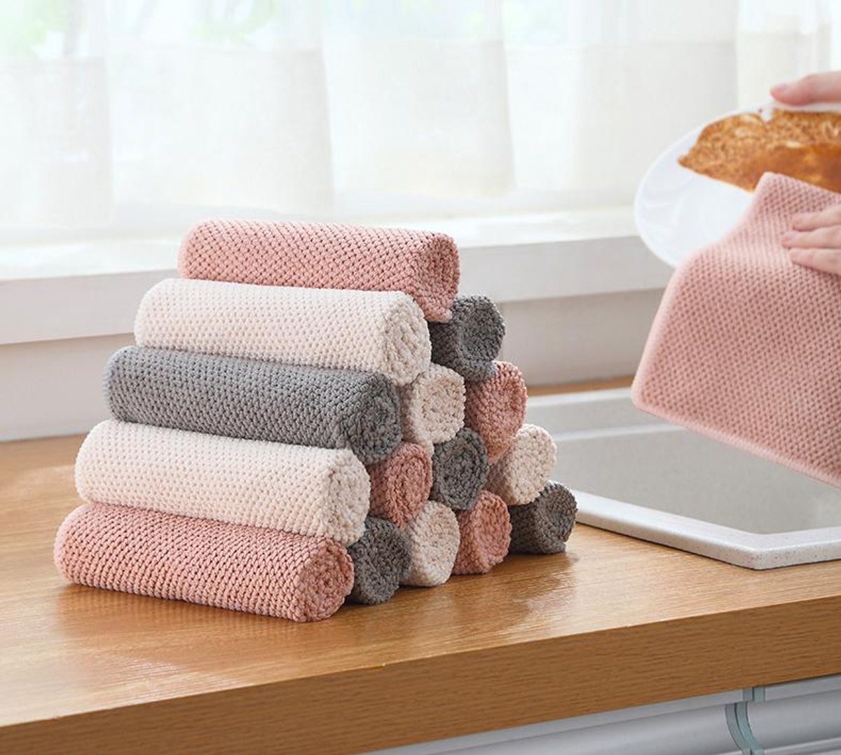 15 Premium Microfiber Keukendoeken - Honingraatstof - Roze, Wit, Grijs - 30 x 30 cm