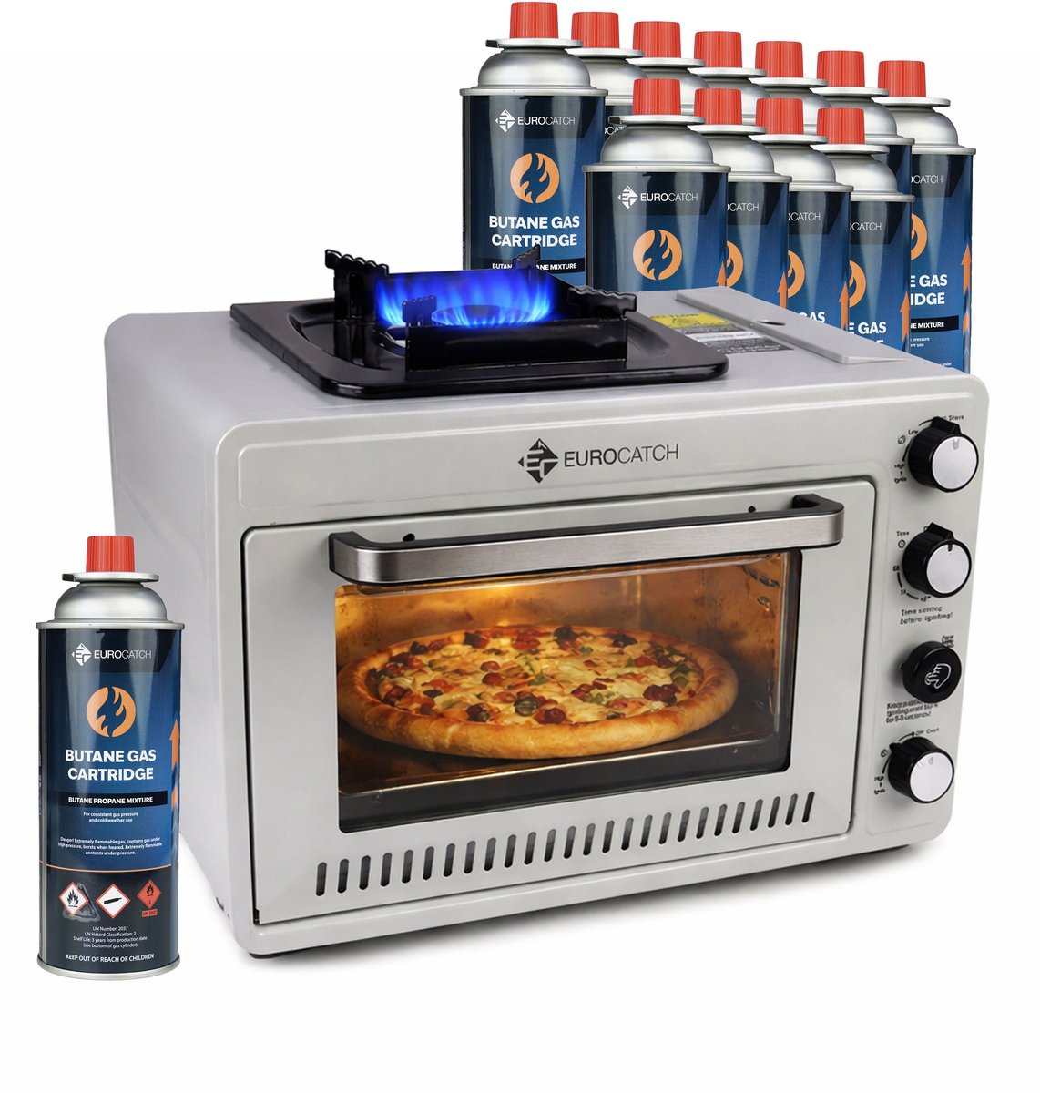 Eurocatch Draagbare Gasoven op 227 g Gasbusjes - Camping Oven met Brander - 25,2 Liter - 2,1 kW - Elektronische Ontsteking - Outdoor & Thuisgebruik - incl. 12 gasbusjes