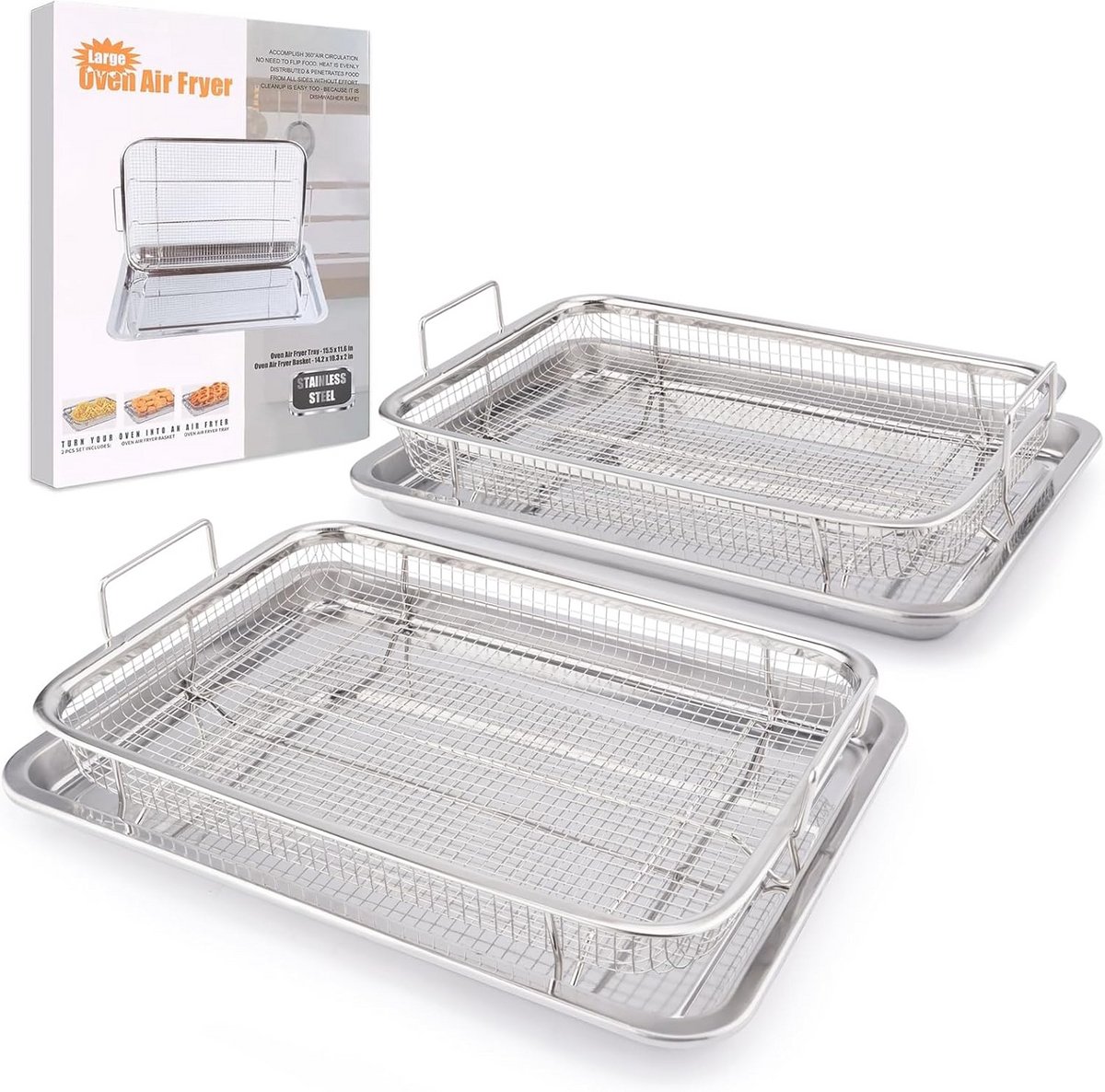 2x XL Airfryer Mand voor Oven RVS - Frituren Bakken Grillen