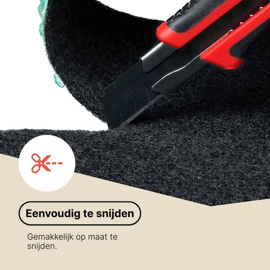 Un cutter coupe un tapis gris foncé, avec le texte 'Facile à couper'