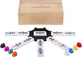 Domino Dubbel 9 Mexican Train – 55 Stenen met Gekleurde Cijfers – 50 x 25 mm – Inclusief Station & Treintjes – Houten Kist met Schuifdeksel – Engelhart