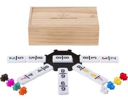 Domino Dubbel 9 Mexican Train – 55 Stenen met Gekleurde Cijfers – 50 x 25 mm – Inclusief Station & Treintjes – Houten Kist met Schuifdeksel – Engelhart