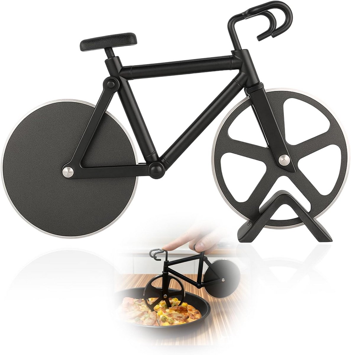 Grappige Pizzasnijder in Fietsvorm met Standaard, Roestvrij Staal