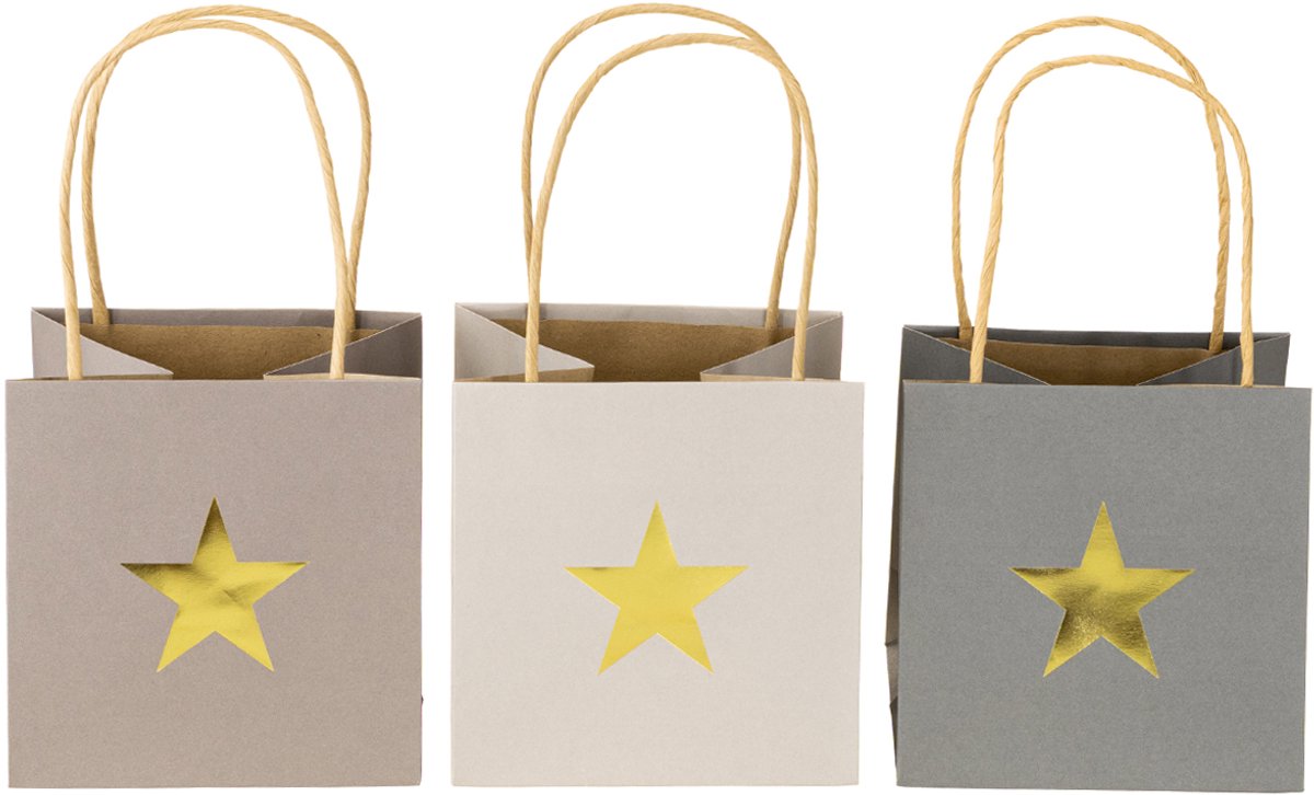 Papieren zakken met ster en handvat grijs geassorteerd 12×12×12cm 9 st