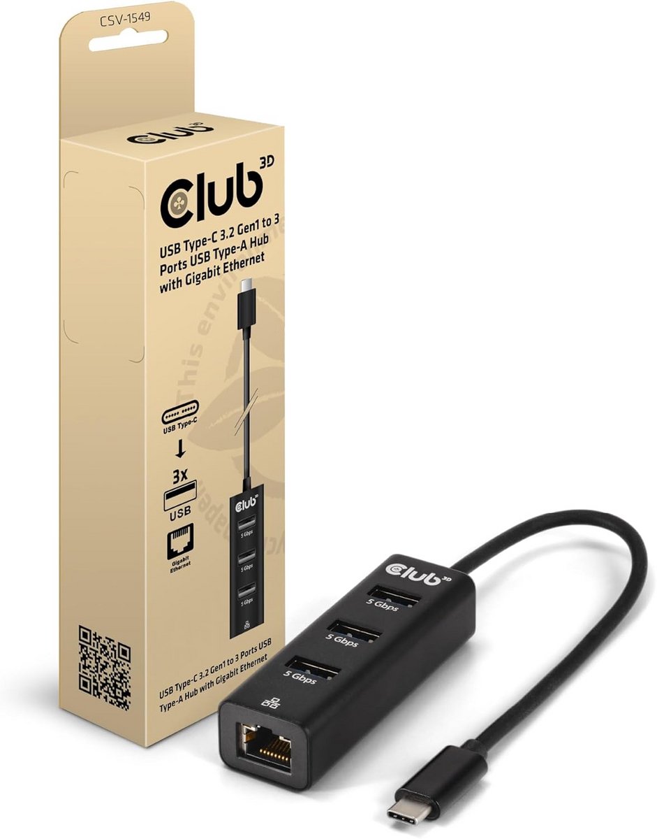 USB-C Hub met 3x USB 3.0 Poorten en Gigabit Ethernet