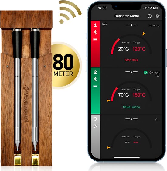 MostEssential Smart Vleesthermometer - Draadloos - 80M Bereik - 36 Uur Werktijd - Bluetooth 5.2 - 2000mAh Batterij - Double Probe Dark Brown Edition