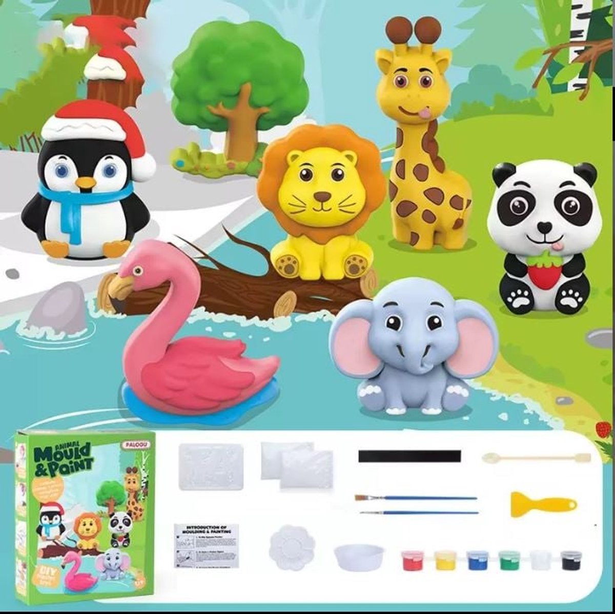 hobbypakket - gips gieten met figuren - knutsel set / verf en toebehoren met magneet - Dierentuin