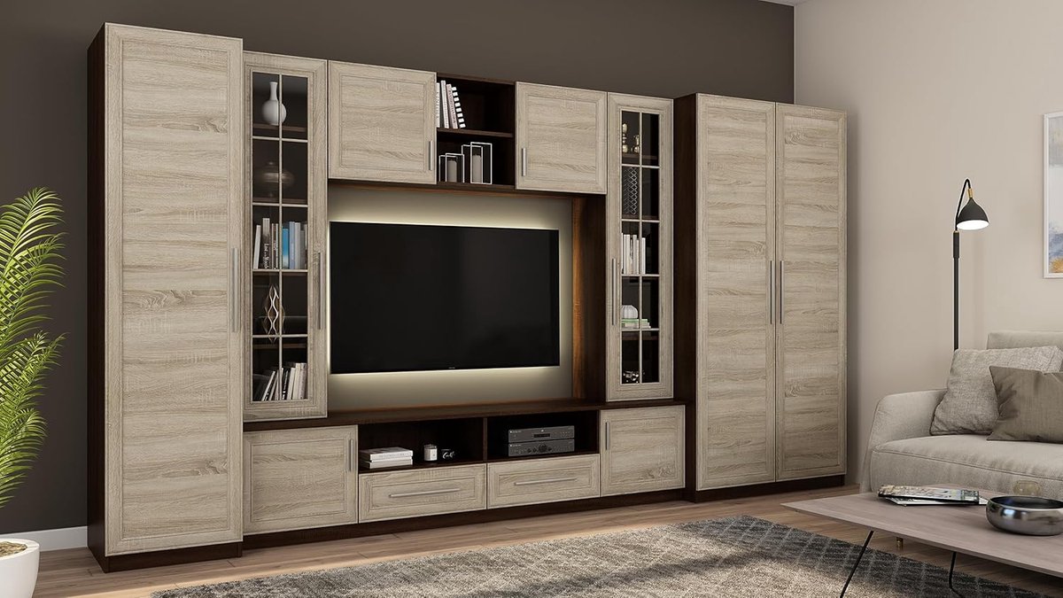 Woonwand Kastwand Neptun 5-in-1 370x200x52 cm – Moderne woonkamermeubel met tv-lowboard, vitrinekasten, hangkast, opbergruimte – Sonoma Dark/Sonoma Light – Abkantoor