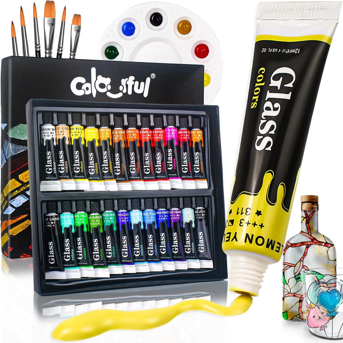 24x12ml Sneldrogende Glasverf Set – Met 6 Penselen & 1 Palet – Waterdichte Transparante Verf voor Glas, Porselein & Keramiek Creatief Schilderen voor Hobby & DIY