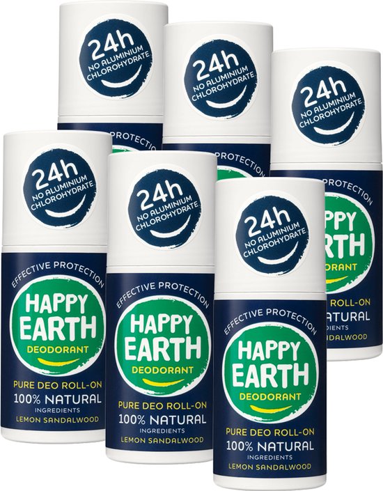 Zes Happy Earth Deodorant Roll-Ons, 24u bescherming, 100% natuurlijk, zonder aluminium.