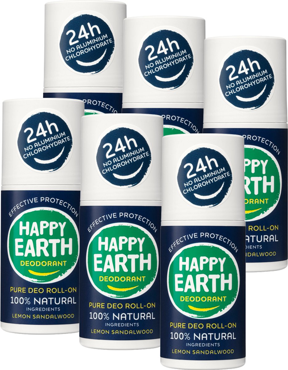 Happy Earth Bundel Deodorant Roller Lemon Sandelwood - 100% Natuurlijke Ingrediënten - 24 uur Bescherming - Aluminiumvrij – Alcoholvrij – Microplasticvrij – 6 x 75mL – Voordeelverpakking