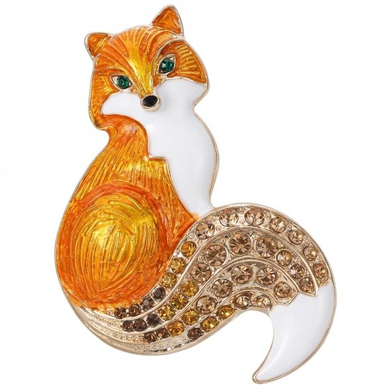 Broche renard dorée avec queue blanche et accents strassés.